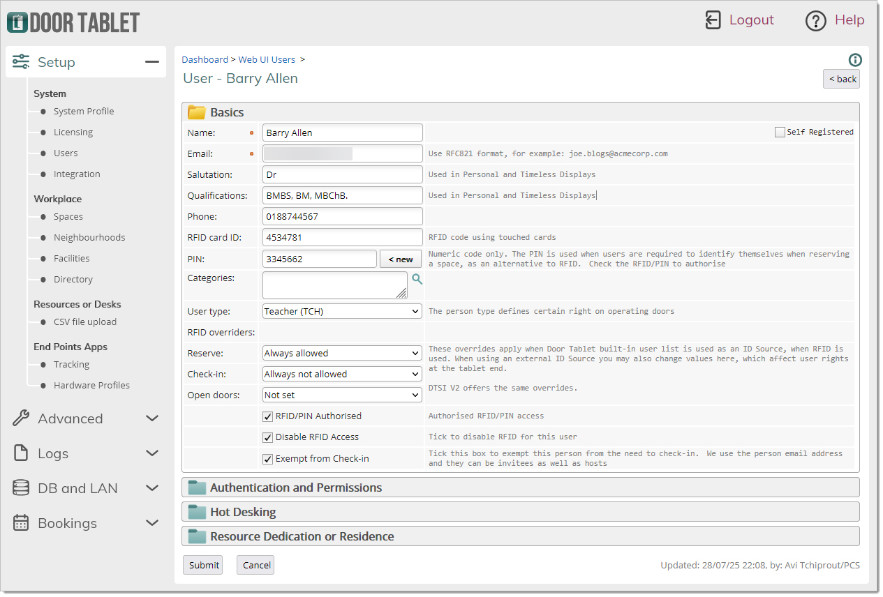 Door Tablet Edit User page for updating user details, RFID settings, and access permissions.