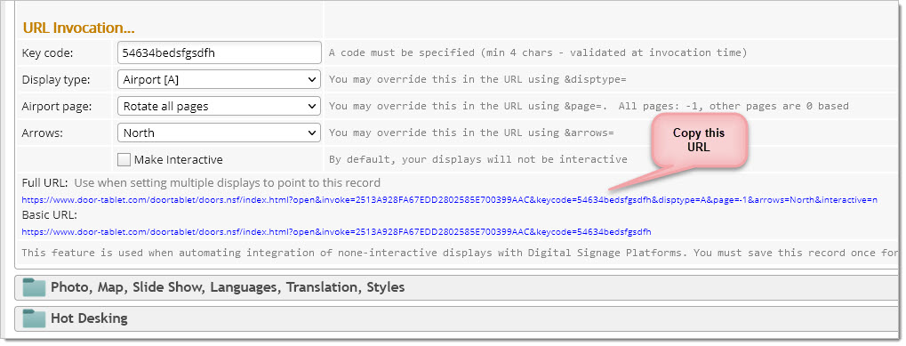 In Door Tablet neighbourhood settings, copy the Wayfinding URL, and associate it with the web Widgit.