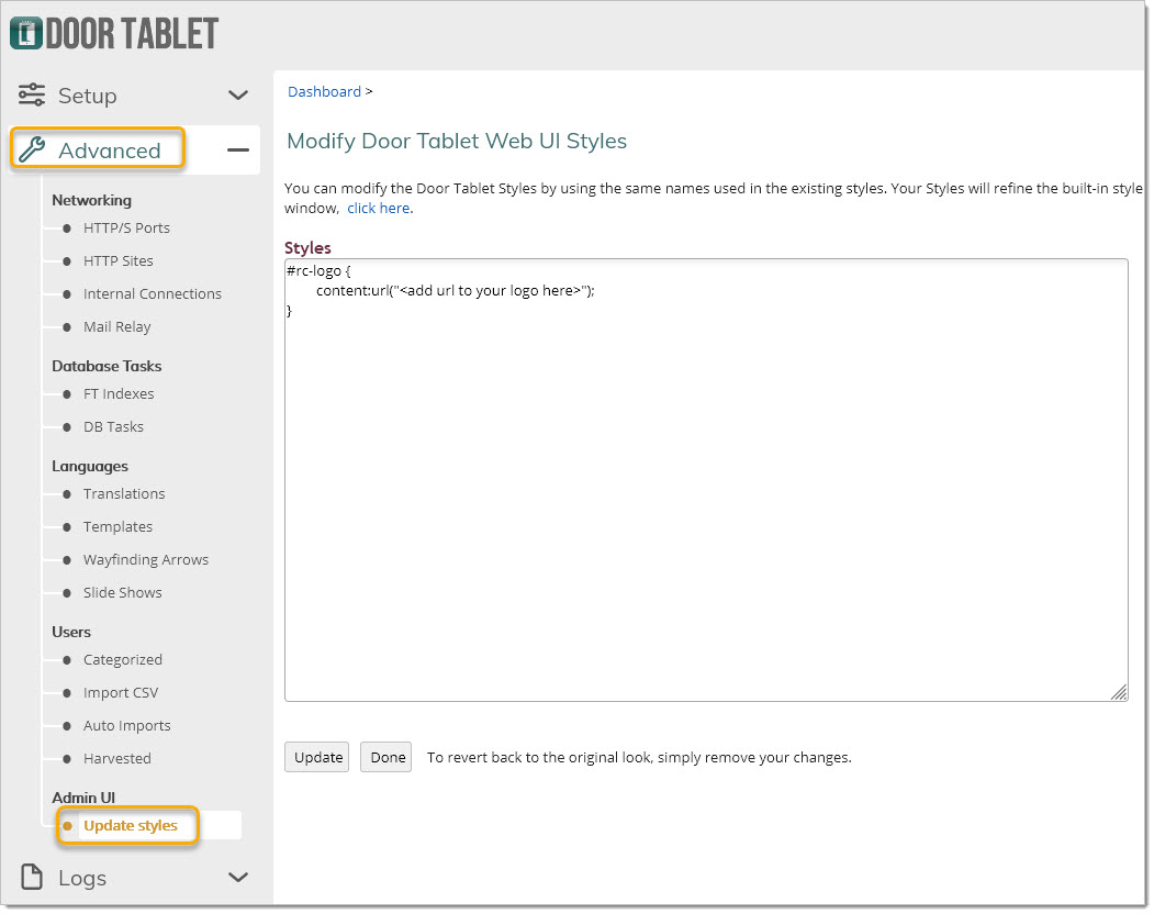 The CSS above is added via the Web UI, as follows: