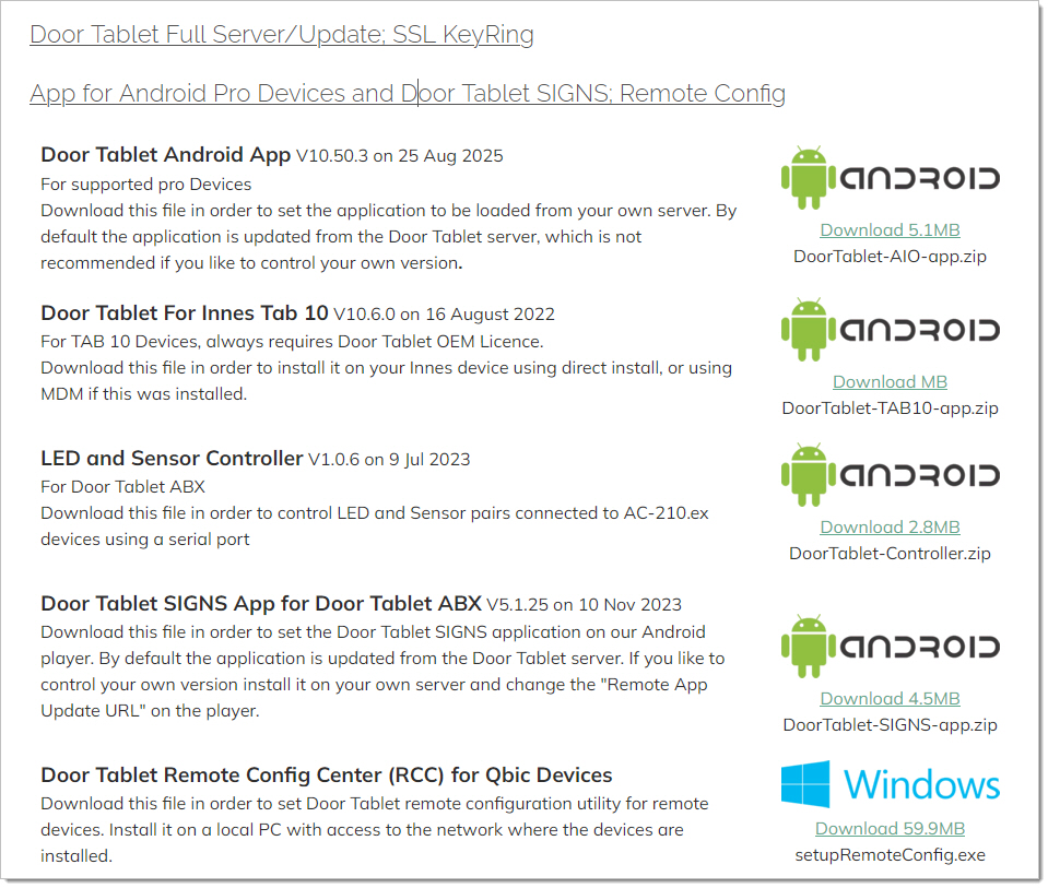 Door Tablet Downloads page for Android apps and remote configuration tools