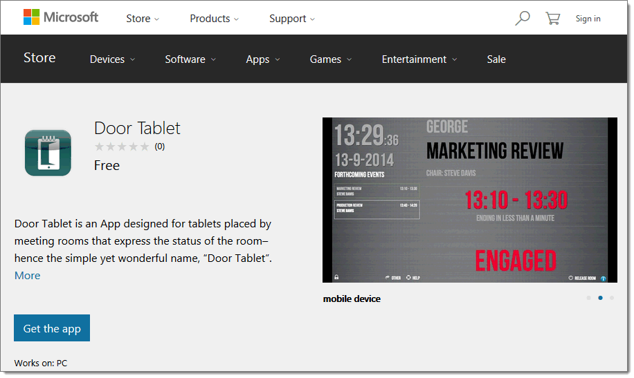 Microsoft Store listing for the Door Tablet meeting room booking app