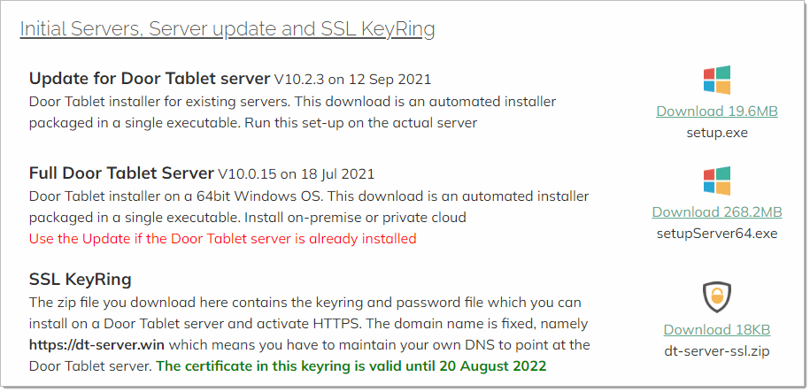 Door Tablet Downloads page for server installation, updates, and SSL KeyRing