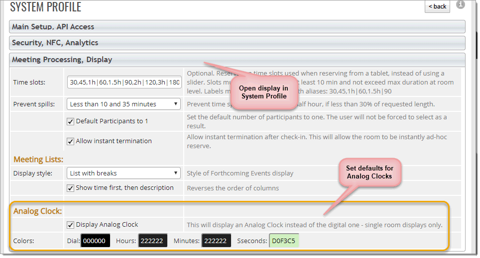 Open the System Profile and go to "Meeting Processing, Display" and tick "Display Analog Clock":