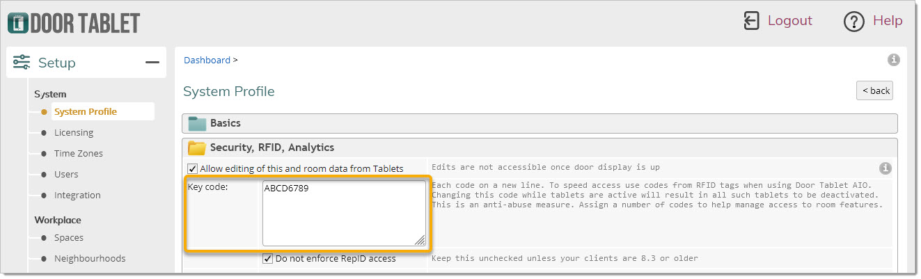 Open the Door Tablet System profile in the Web UI
