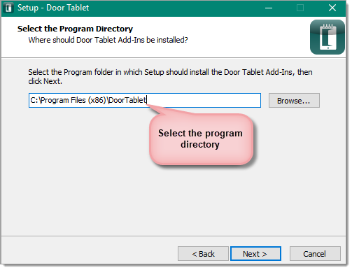 Door Tablet Setup Wizard for selecting the program installation directory
