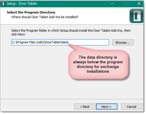 Door Tablet Setup Wizard showing the data directory for Exchange installation