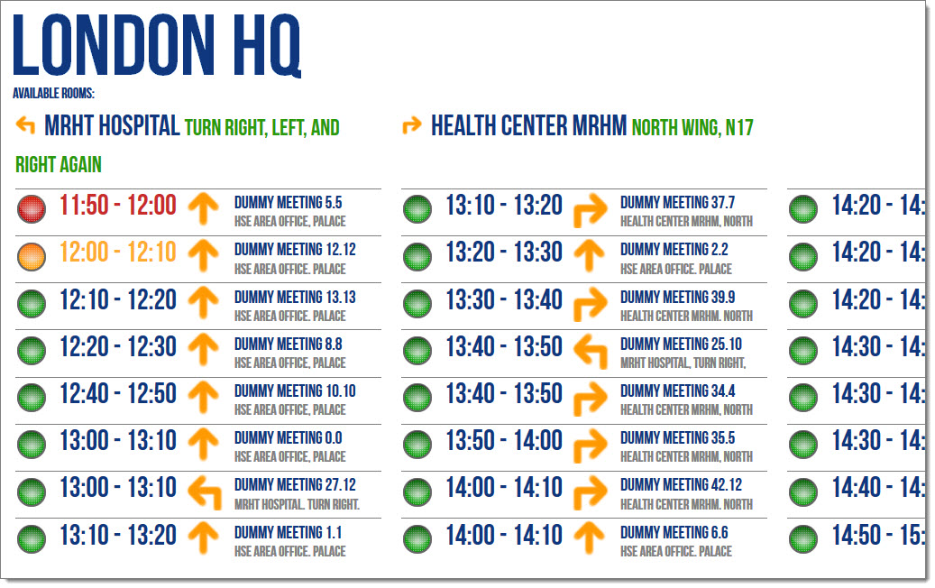 Looking at an Airport Display, arrows are shown next to free meeting spaces and actual meetings.