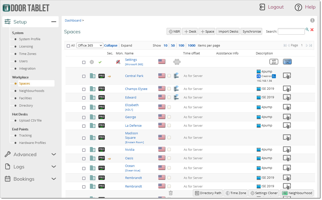 Once you have synchronised with your scheduling system you will be able to edit and enable meeting spaces.