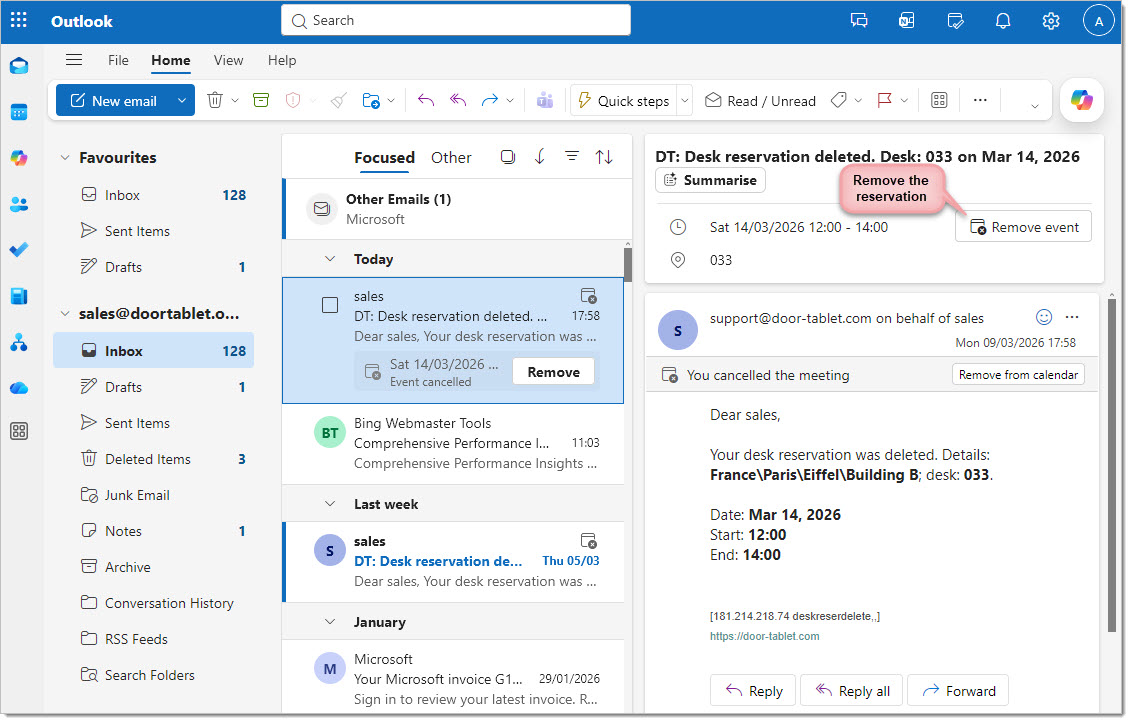 Once you OK the deletion, an email is sent to you, which will remove the booking from you Calendar.