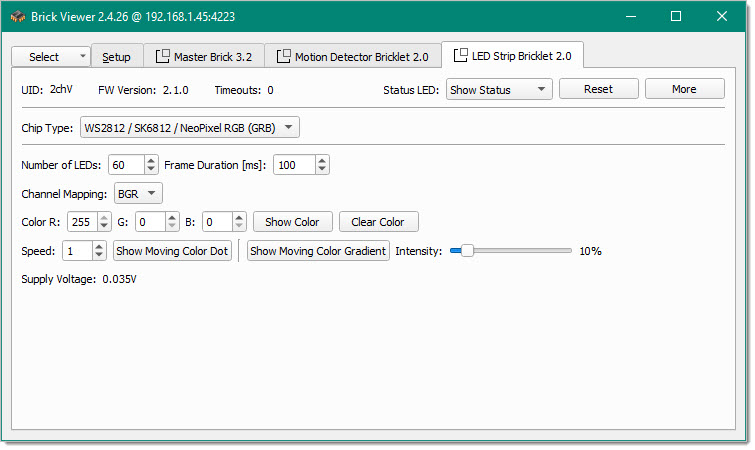 If you connect the Brick to the PC over USB, you should see a new tab named "LED Strip Bricklet 2.0" in the Brick Viewer after a moment. Select this tab. If