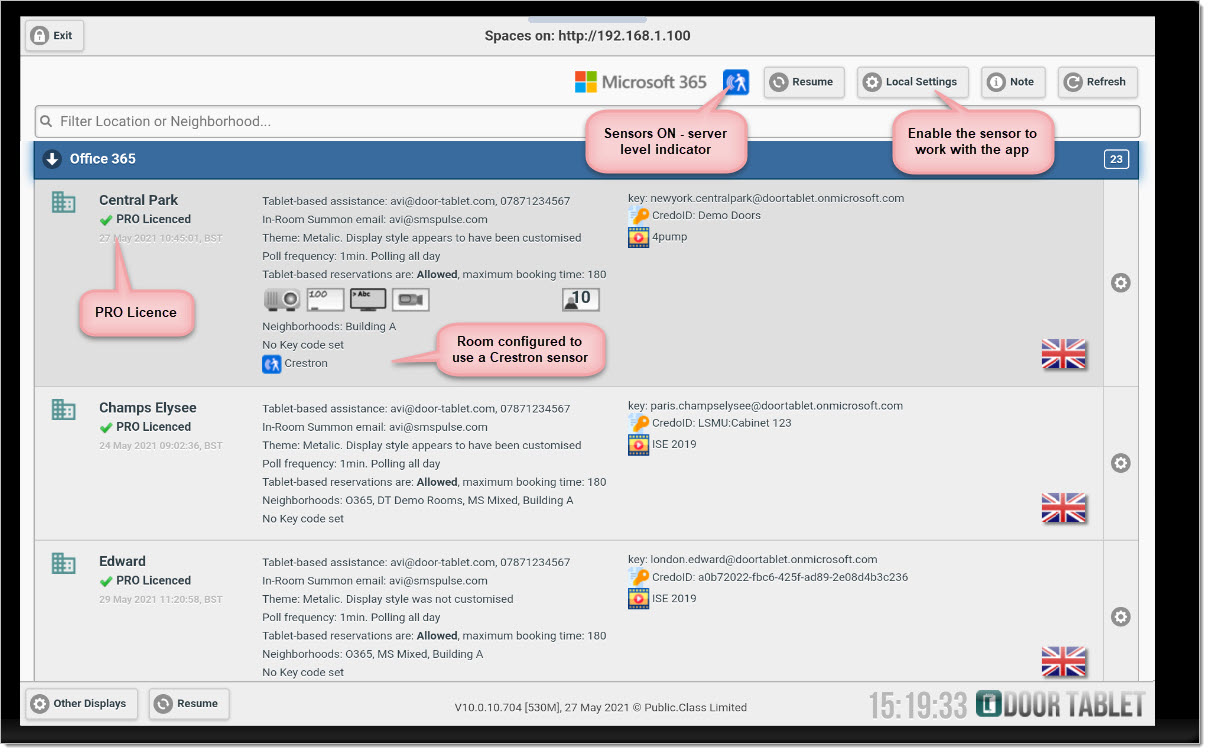 On the Crestron device, login to the server and access the Spaces list.