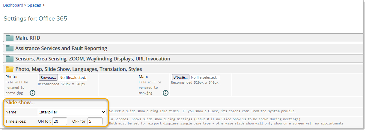 Specify the Slide Show under "Photo, Map, Slide Show, Languages, Translation":