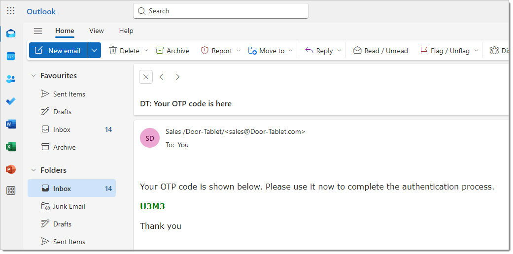 Outlook email displaying a Door Tablet one-time password for Web UI login
