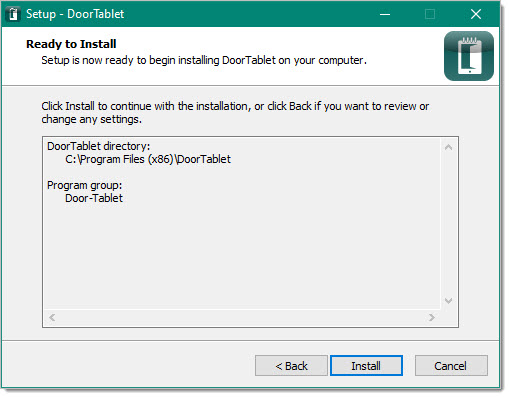 Door Tablet Setup Wizard ready to install the server on a Windows computer