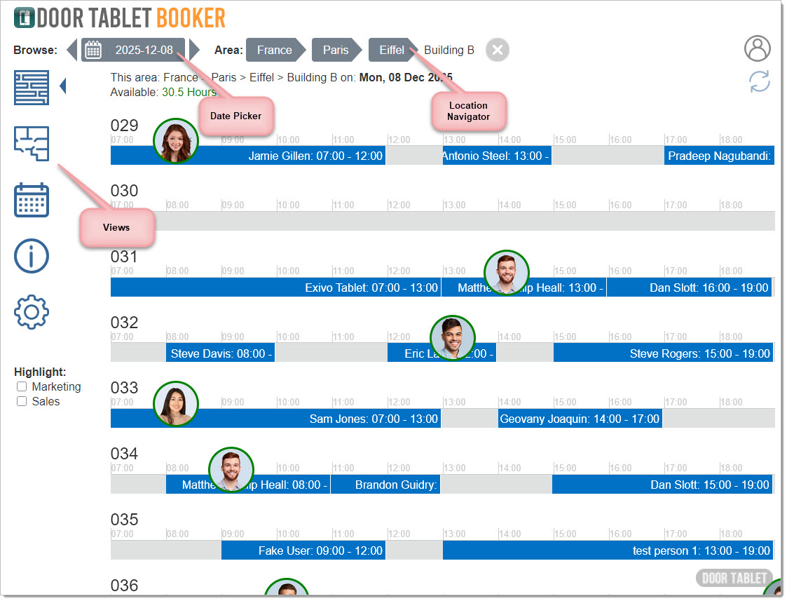 Time bars provide a clear view of bookings