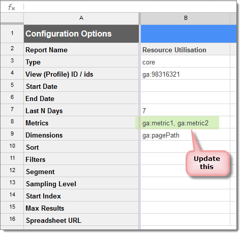 You will now need to make a small addition to the report parameters. Add the two metrics exactly as shown below, using a comma to separate them: