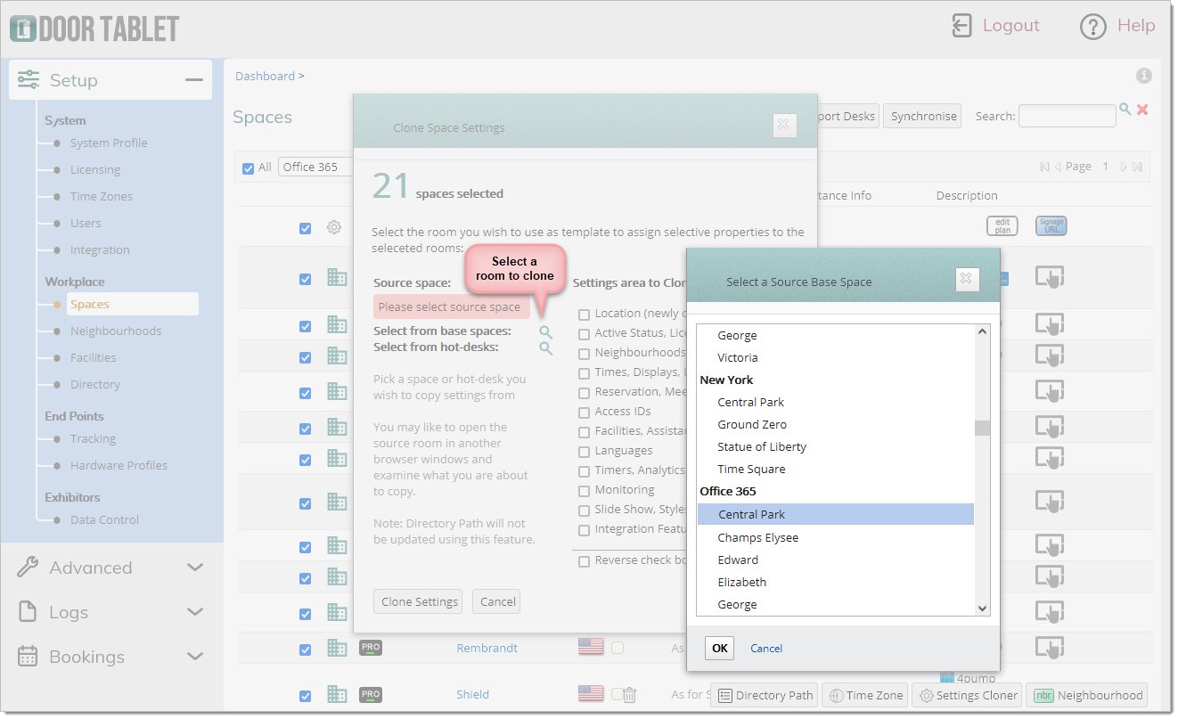 Selecting the source meeting space for cloning settings
