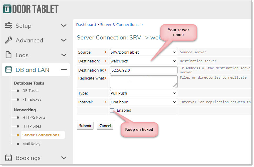 Click on the + sign on the right to create a connection. Leave the Enabled check-box unchecked - we are not going to use it for mail routing or replication